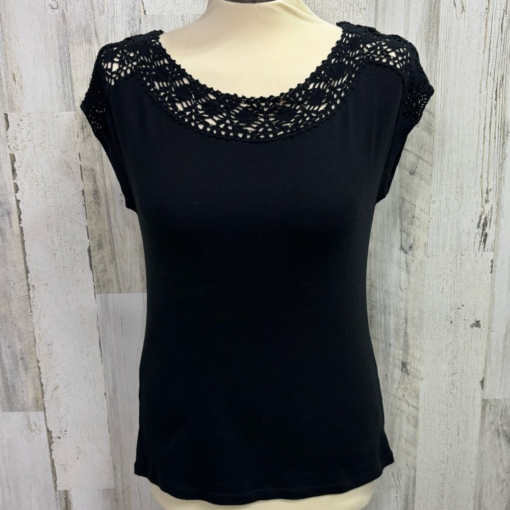 Ralph Lauren Black Lace Trimmed Cap Sleeve Blouse